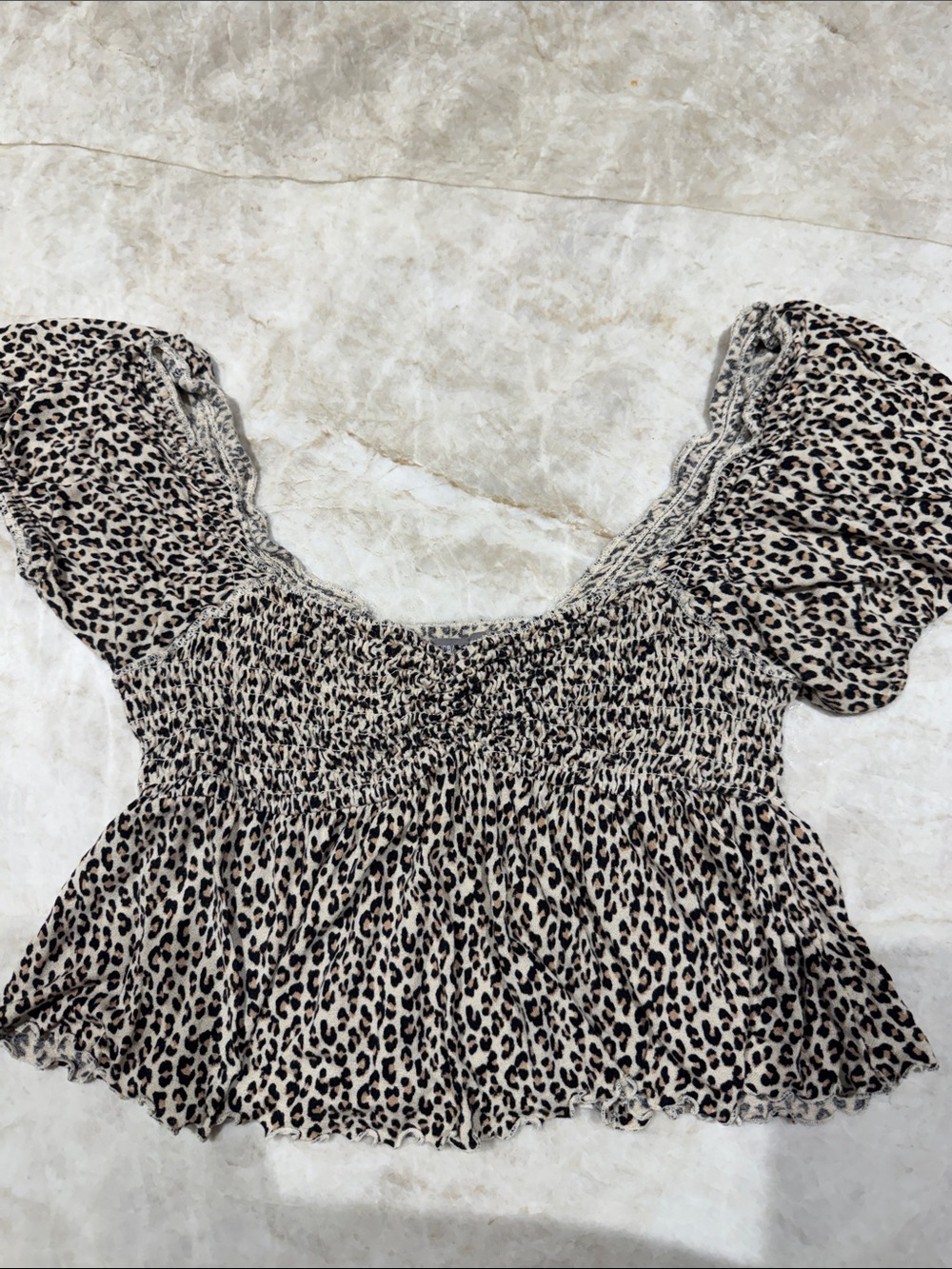 Urban Outfitters Beige and Black Leopard Smocked Peplum Crop Top